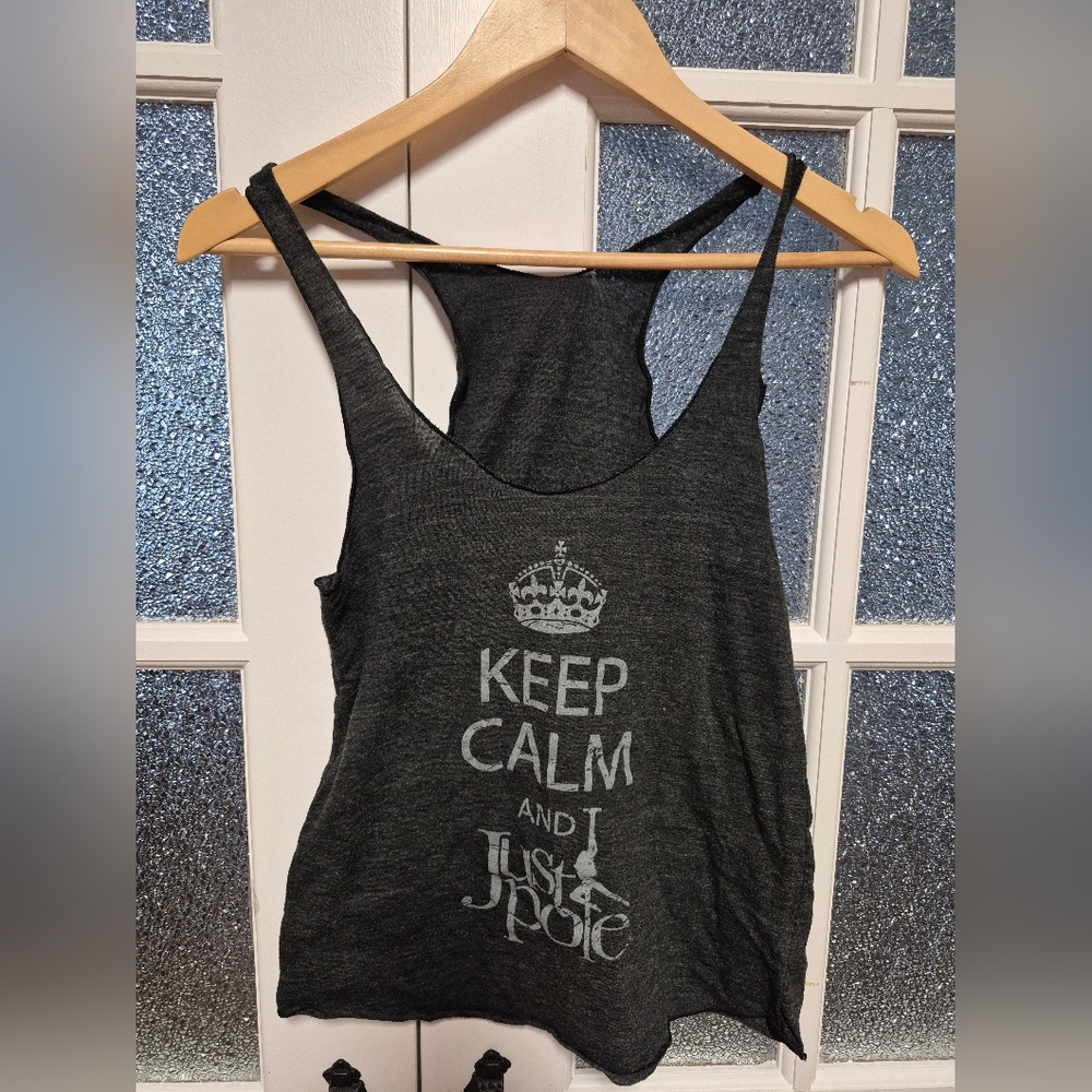 Keep Calm Pole racerback tank top medium black grey pole dance aerialist